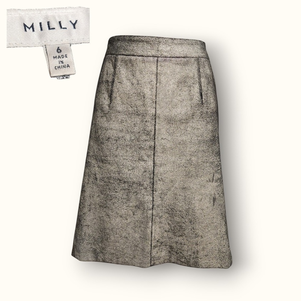 Milly Size 6 Black White Straight Mini Skirt Vegan Faux Leather Back Zip Cracked